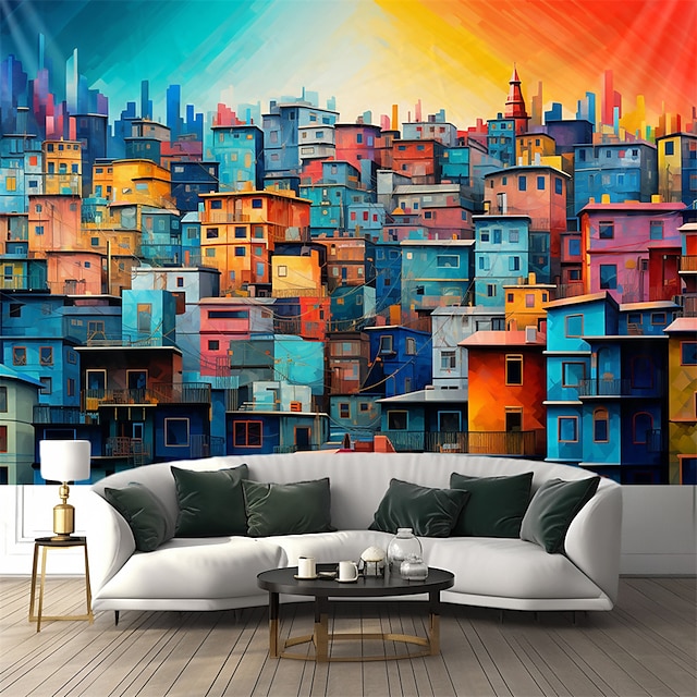  منازل ملونة معلقة نسيج جدار الفن نسيج كبير جدارية ديكور صورة خلفية ستارة بطانية غرفة نوم المنزل غرفة المعيشة الديكور