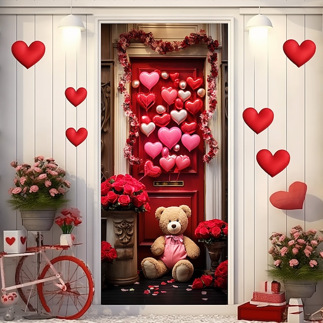  День святого Валентина медвежьи сердечки дверные покрытия фреска декор дверной гобелен дверной занавес украшение фон дверной баннер съемный для входной двери в помещении и на открытом воздухе