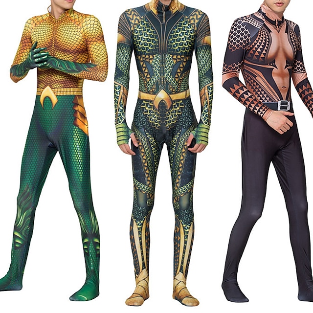  Aquaman and the Lost Kingdom Aquaman Cosplay Costume One-Piece Men's Boys Movie Cosplay Anime Cosplay Gold Green Flesh Color Halloween Masquerade Leotard / Onesie