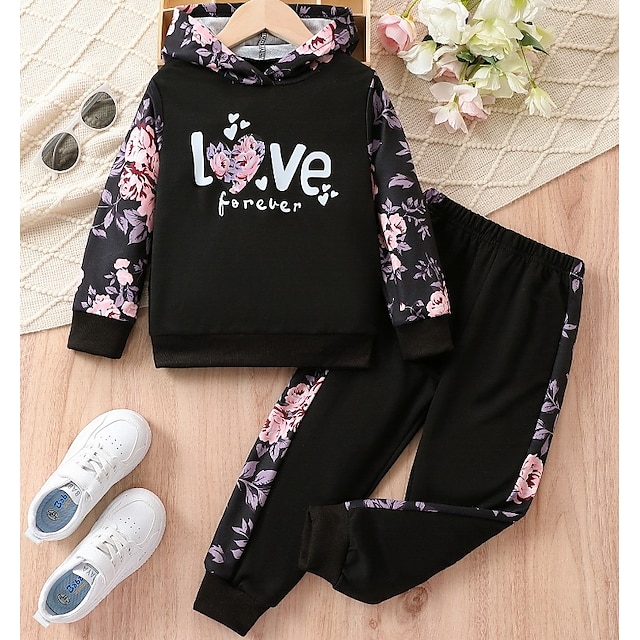 2 Pieces Kids Girls' Graphic Button Pants Suit Set Long Sleeve Active School Cotton 7-13 Years Spring Black Pink