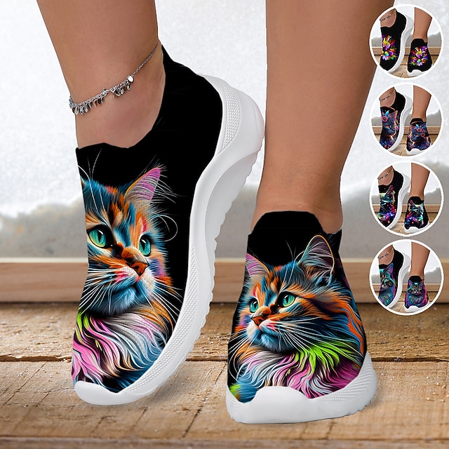  Női Tornacipők Slip-Ons Nyomtatási cipők Flyknit cipő Kényelmes cipők Szabadtéri Napi Cica Lapos Divat Alkalmi Repülő szövés Sárga Rózsaszín Kék
