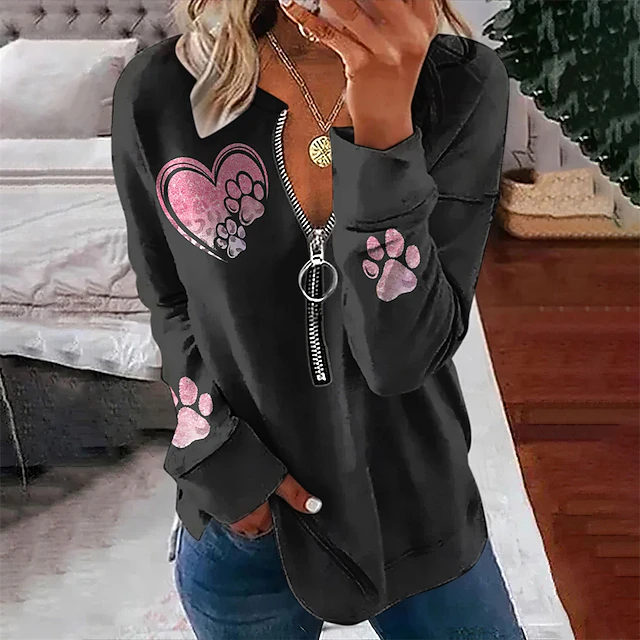 Women's Valentine Heart Sweatshirt Pullover Leopard Casual Sports Round Neck Print Quarter Zip Long Sleeve Black White Yellow Orange Green Fall & Winter 7