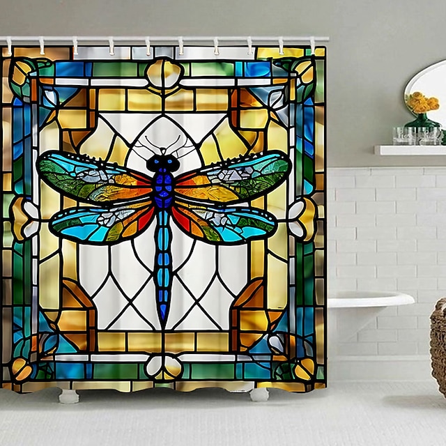  Buntglas-Libelle, Badezimmer-Deko-Duschvorhang mit Haken, Badezimmer-Dekor, wasserdichter Stoff-Duschvorhang-Set mit 12 Kunststoff-Haken