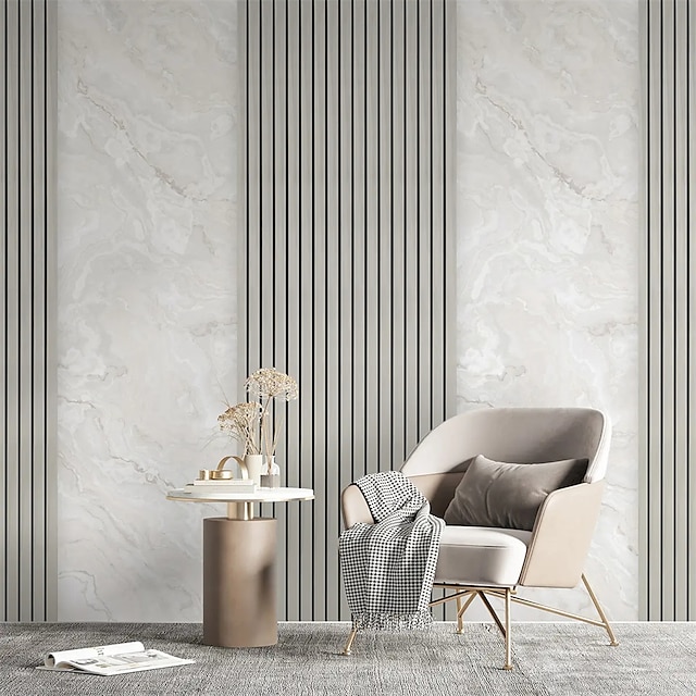  Cool Wallpapers Minimalist Wallpaper Wall Mural Stripes Wooden Slats with Marble Sticker Peel Stick Removable PVC/Vinyl Self Adhesive/Adhesive Required Wall Decor for Living Room Kitchen Bathroom