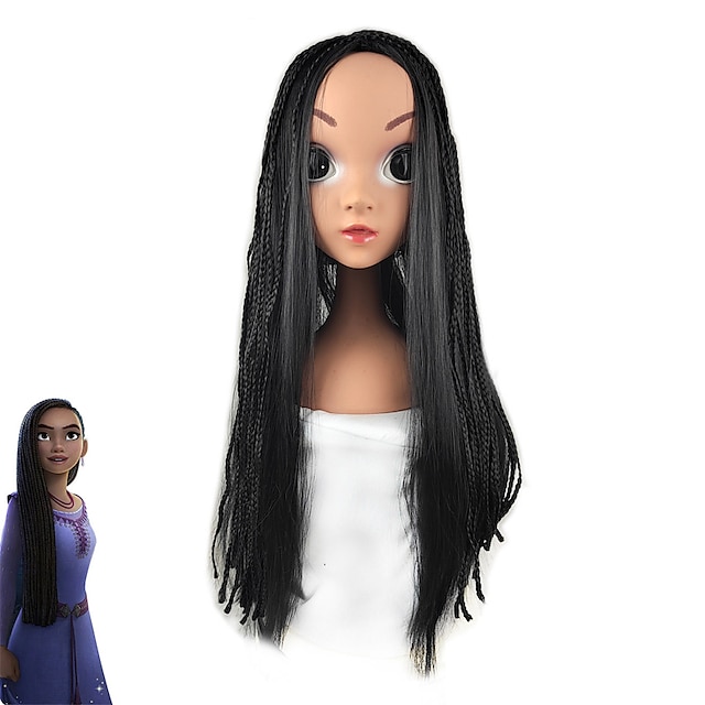  Meninas crianças peruca preta para desejo princesa asha peruca preta trançada perucas para fantasia asha meninas perucas sintéticas longas naturais para festa à fantasia de halloween