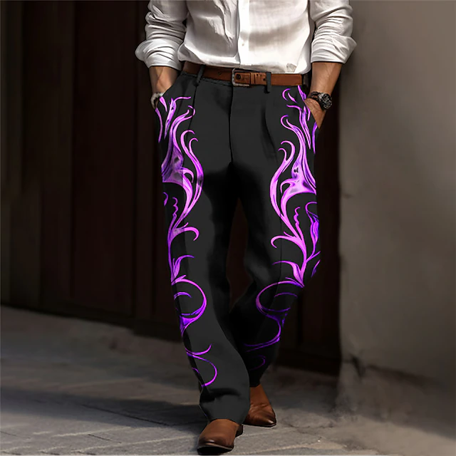 Floral Vintage Men's 3D Print Dress Pants Pants Trousers Outdoor Street Wear to work Polyester Yellow Blue Purple S M L High Elasticity Pants 5