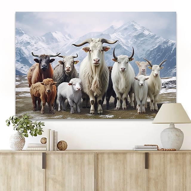  Arte de pared de animales, lienzo, ovejas bajo las montañas nevadas, impresiones y carteles, imágenes, pintura decorativa de tela para sala de estar, imágenes sin marco