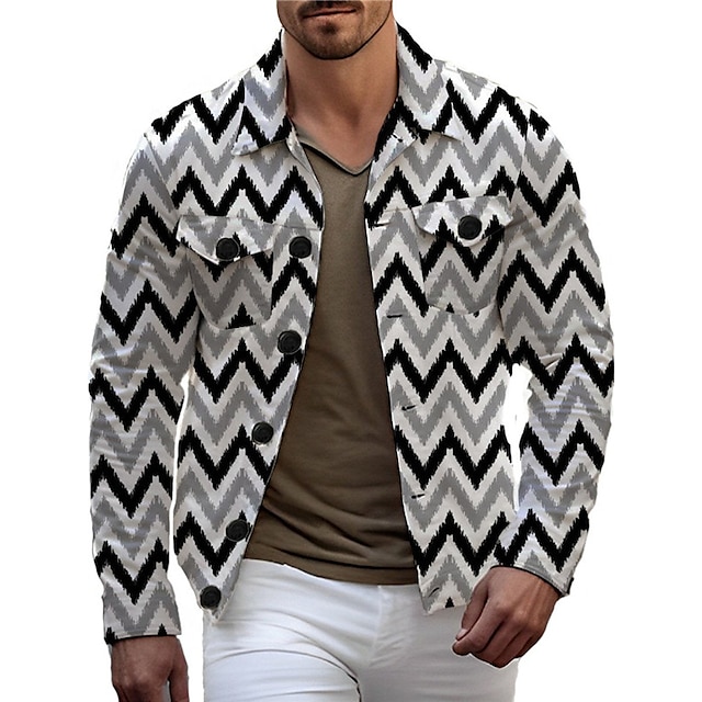  Geometry Vintage Casual Men's Shirt Shirt Jacket Shacket Outdoor Street Casual Daily Fall & Winter Turndown Long Sleeve Gray S M L Shirt