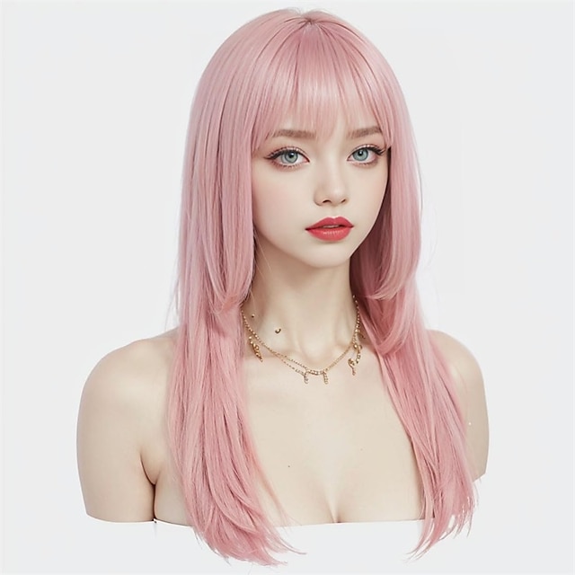  Perruque rose longue et droite avec frange pour femme, perruque de 22 pouces pour cosplay Ryomen Sukuna avec tatouages sur le visage, perruque en fibre synthétique résistante à la chaleur avec bonnet