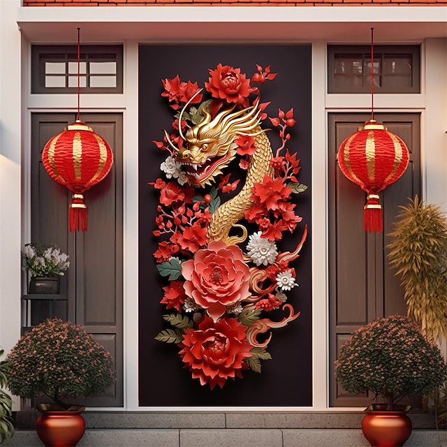  chinois nouvel an dragon porte couvre porte tapisserie porte rideau décoration toile de fond porte bannière pour porte d'entrée ferme vacances fête décor fournitures