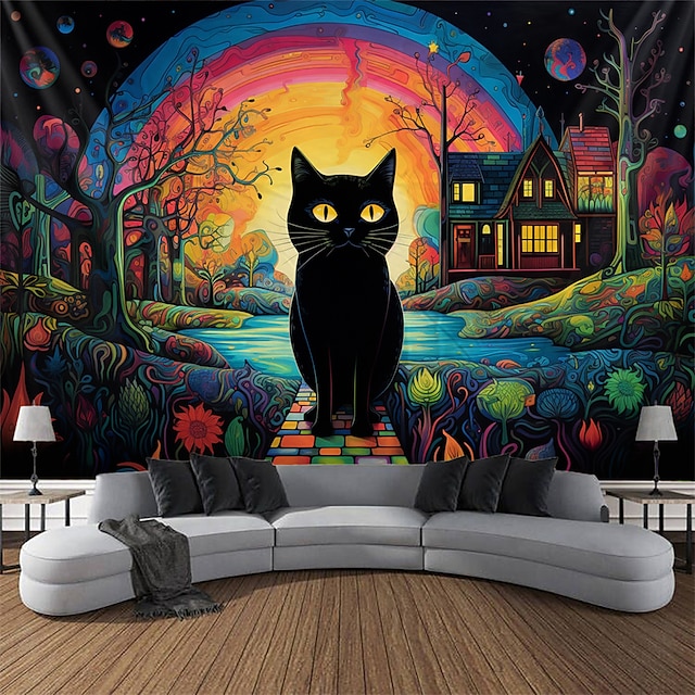  Tapisserie murale à lumière noire, chat arc-en-ciel, lueur réactive uv dans le noir, trippy brumeux, décoration murale pour salon et chambre à coucher