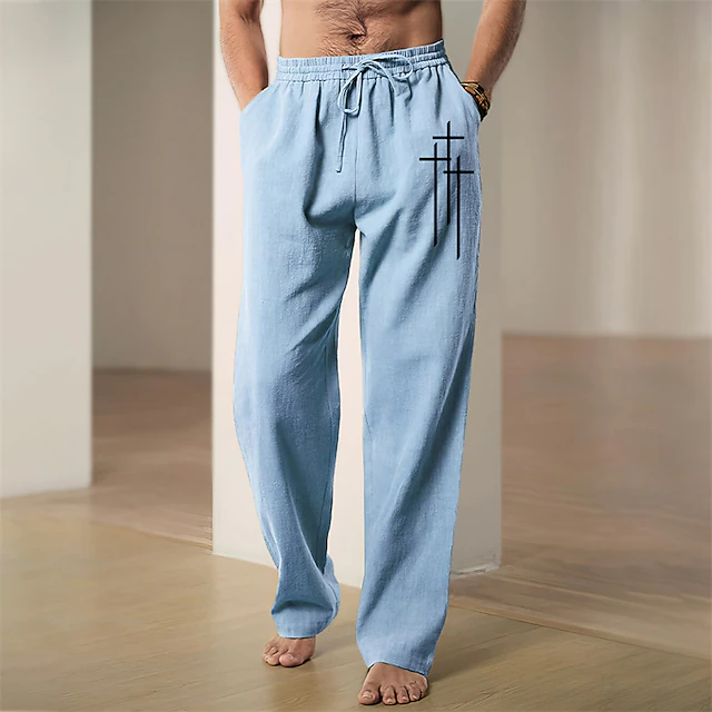 Men's Graphic Cross Faith Pants Trousers Mid Waist Casual Daily Wear Vacation Going out Spring Fall Black Blue Green 8