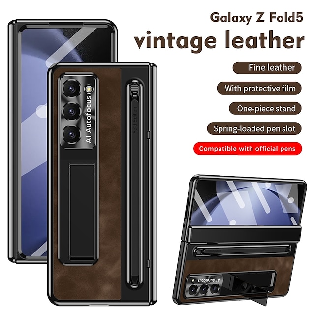  Phone Case For Samsung Galaxy Z Fold 5 Z Fold 4 Back Cover with Screen Protector Full Body Protective Camera Lens Protector Retro Armor PC PU Leather