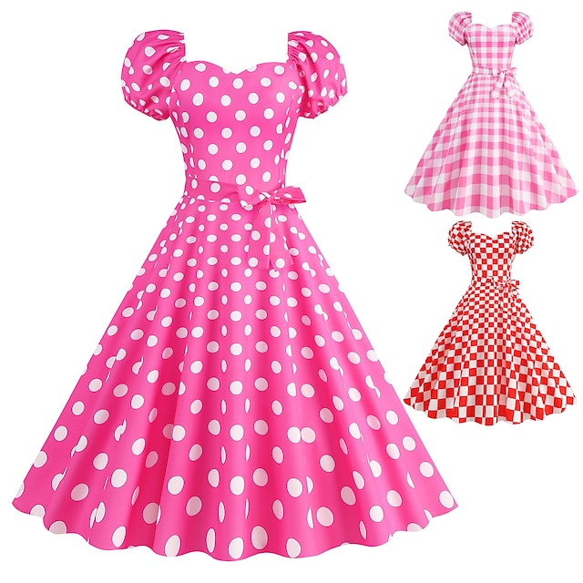  Retro Vintage Anos 50 Vestido de uma linha Vestido swing Vestido Flare Mulheres Para Meninas Poá Grade / xadrez Baile de Máscaras Festa / Noite Vestido