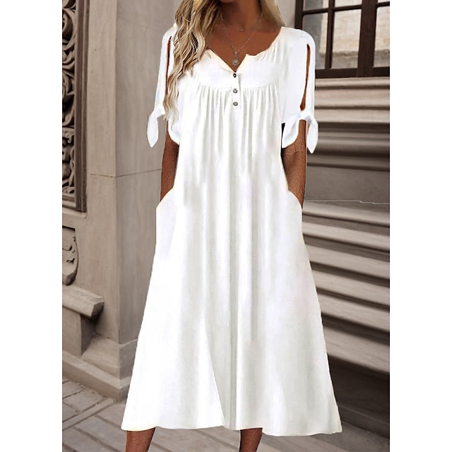  Women's Casual Dress Shift Dress Pure Color Button V Neck Midi Dress Elegant Basic Daily Holiday Short Sleeve Loose Fit Black White Green Summer Spring S M L XL XXL