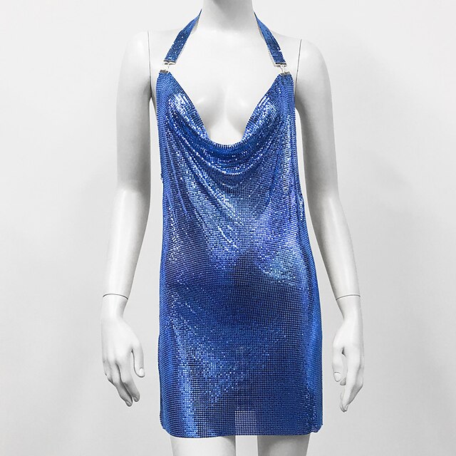 Metallic Backless Sparkle Sexy Halter Body Chain Mini Dress Disco Women 