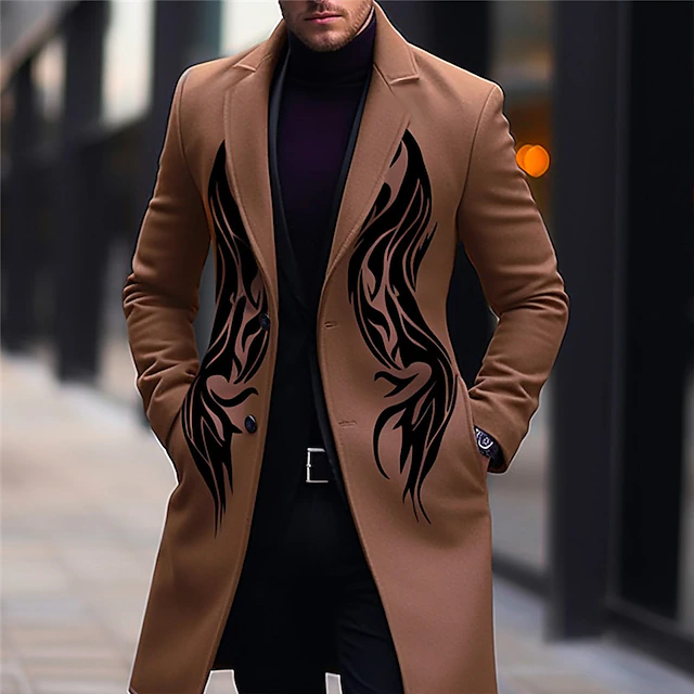 Men's Symbol Winter Coat Overcoat Coat Warm Comfortable Breathable Vintage Business Work Wear to work Going out Pocket Print Fall & Winter Turndown Long Sleeve Ginger Purple khaki 5
