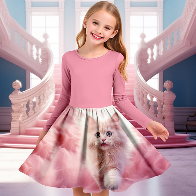  Dziewczyny ' 3D Kot Sukienka Różowy Długi rękaw Druk 3D Wiosna Jesień Sport i turystyka Codzienny Święto Śłodkie Codzienny Piękny Dzieci 3-12 lat Codzienne sukienki Sukienka A line Nad kolano