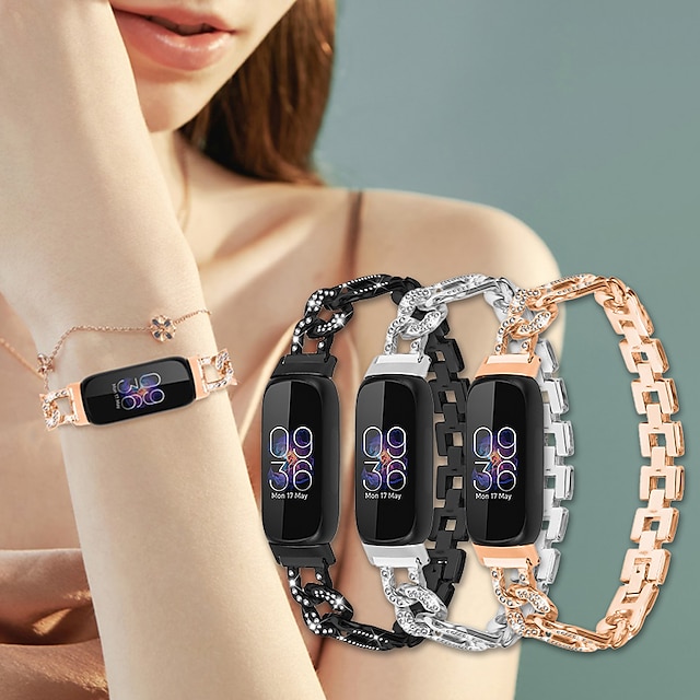  Bandă de ceas inteligent Compatibil cu Fitbit Inspire 3 Oțel inoxidabil Ceas inteligent Curea Dame Strălucire Cristal Bratara de bijuterii Înlocuire Brăţară