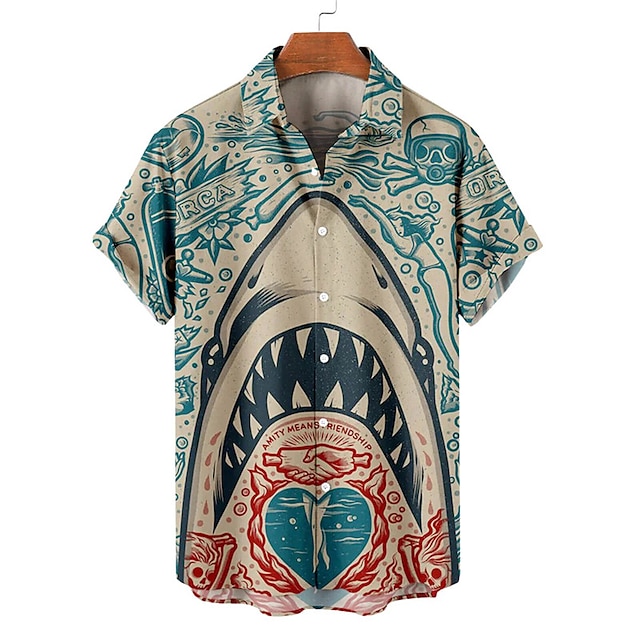  Herre Hai Tropisk Skjorte Hawaii skjorte Aloha skjorte Kortermet Skjorte Aftæpning Fritid utendørs Gate Fritid / hverdag Rosa Rød Blå S M L