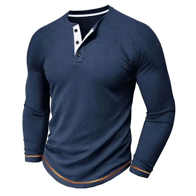 Men's Waffle Tee Button T Shirt T Shirt Henley Shirt Long Sleeve Henley Spring &  Fall Plain Raglan Sleeve Fashion Designer Basic Patchwork Vacation Street Going out Navy Blue Top Tee for Men2