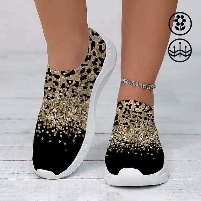  Dam Sneakers Slip-Ons Tryck skor Kristallandaler Plusstorlekar Fest Utomhus Dagligen Leopard 3D Strass Mousserande glitter Platt klack Mode Sportig Ledigt Flygande vävning Gul Röd Blå