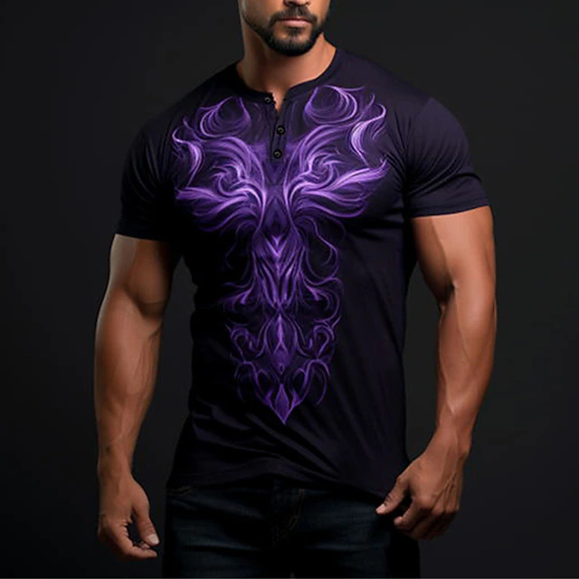 Men's Graphic Abstract T shirt Henley Shirt Short Sleeve 3D Print Fashion Classic Casual Sports Outdoor Holiday Going out Spring & Summer Deep Purple Purple Henley Henley T-Shirt3