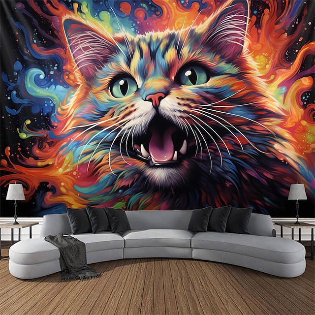  Painting Cat Portrait Blacklight Tapestry UV Reactive Glow in the Dark Trippy Misty Hanging Tapestry Wall Art Mural for Living Room Bedroom