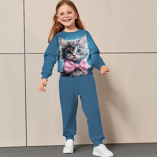  Girls' 3D Cartoon Cat Sweatshirt & Sweatpants Set Pink Long Sleeve 3D Printing Spring Fall Active Fashion Cute Polyester Kids 3-12 Years Crew Neck Outdoor Street Date Regular Fit