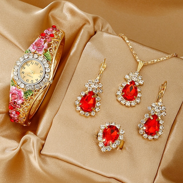  5 unids/set reloj de pulsera analógico de estrella vintage de cuarzo con diamantes de imitación de lujo para mujer & conjunto de joyas, regalo para mamá ella