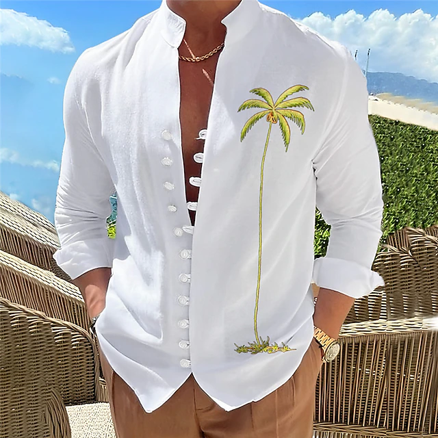 Men's Shirt Linen Shirt Beach Shirt Palm Tree Vacation Curise Black ...