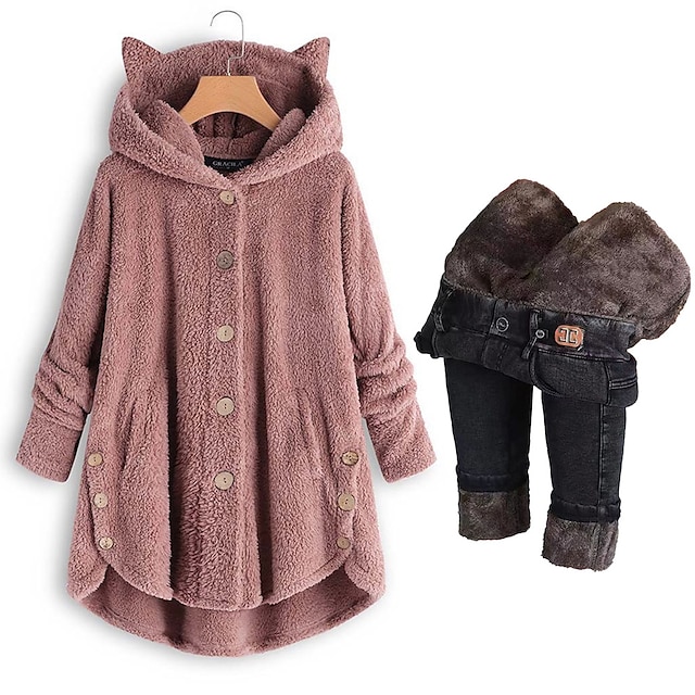  Women's Matching Sets Outfit Warm Teddy Solid Color Street Long Sleeve Fall & Winter Hoodie Button Pocket