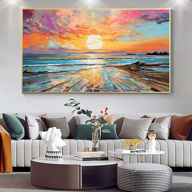  pictură în ulei realizată manual, pânză, artă de perete, apusuri de soare originale, pline pentru decorarea casei, cu cadru întins, fără cadru interior.