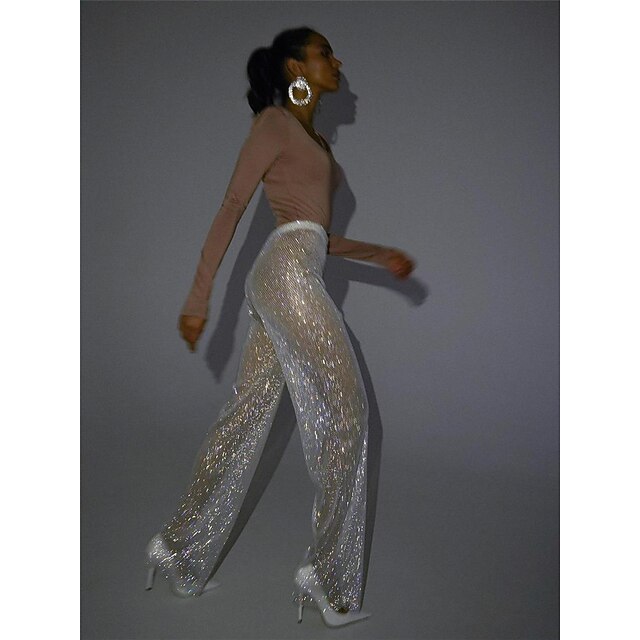 Metallic Sparkle Pants Sheer Mesh Rhinestone Cover Up Disco Solid Color ...