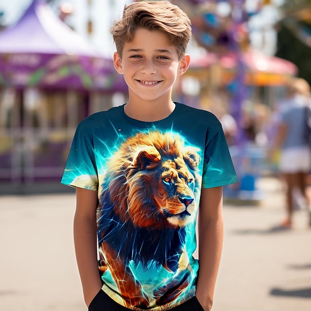  Dla chłopców 3D Lew T-shirt Koszula Krótki rękaw Druk 3D Lato Aktywny Sport Moda Poliester Dzieci 3-12 lat Półgolf Na zewnątrz Codzienny Regularny