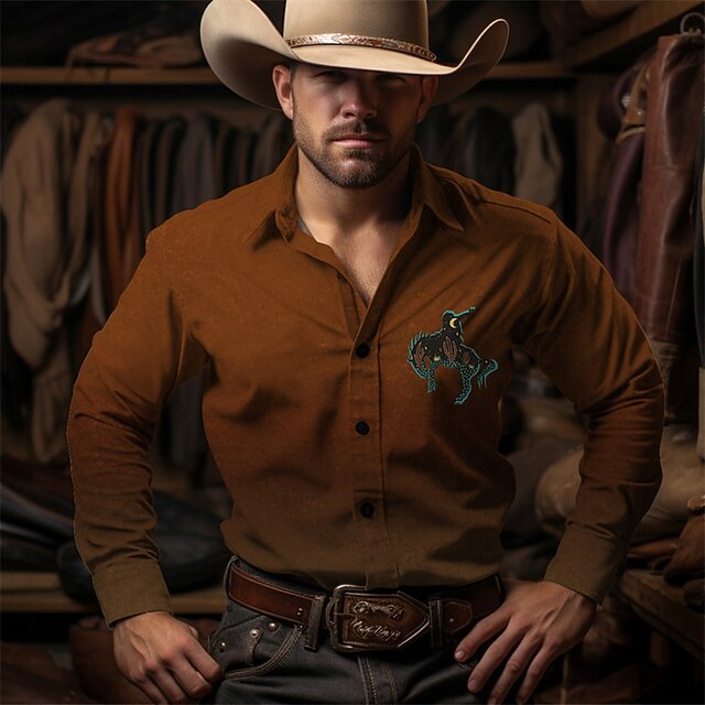  Per uomo Cowboy Camicia Camicia Western Camicia da cowboy Manica Lunga Vintage Stile Western All'aperto Streetwear Casual Quotidiano Autunno & Inverno Collo ripiegato Bottoni Stampato Marrone Verde