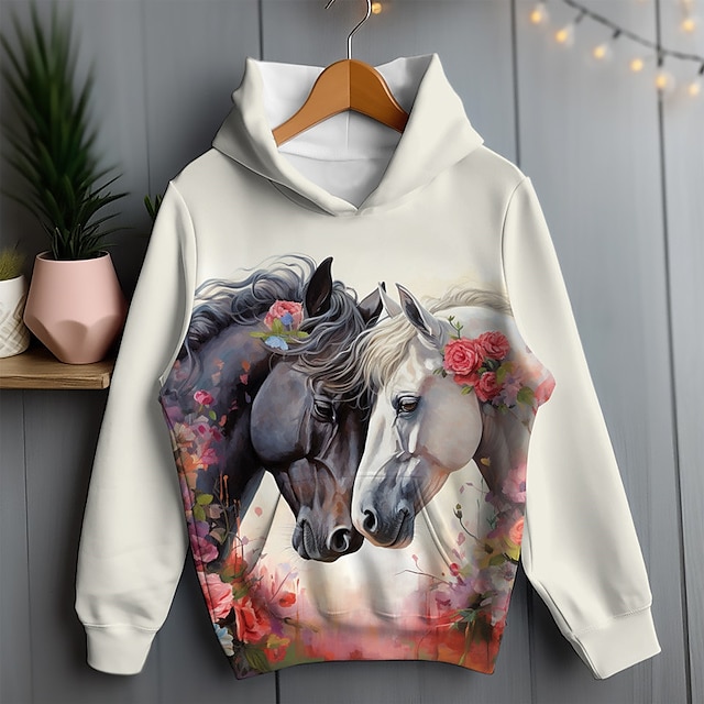  Girls' 3D Floral Horse Hoodie Pullover Long Sleeve 3D Print Spring Fall Active Fashion Cute Polyester Kids 3-12 Years Hooded Outdoor Casual Daily Regular Fit