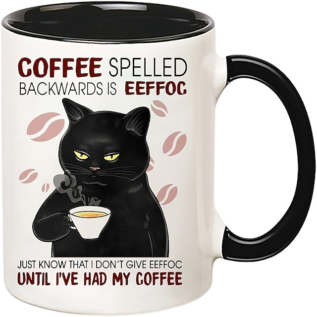  كوب قهوة سيراميك محمول قطعة واحدة - تصميم قطة سوداء مع تهجئة عكسية للتأثير - كوب سفر سعة 11 أونصة لمحبي القهوة أثناء التنقل
