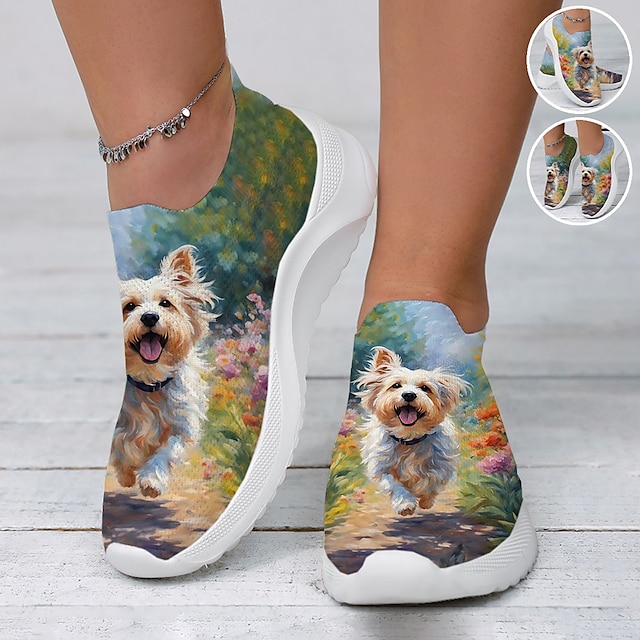  Dame Kondisko Slip-Ons Print sko Dyreprint Plus størrelse udendørs Daglig Hund 3D Flade hæle Mode Afslappet Flyvende vævning Grøn