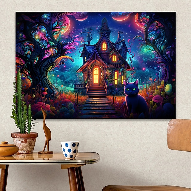  Paisaje pared arte lienzo fantasía colorido castillo y gato impresiones y carteles fotos tela decorativa pintura para sala de estar fotos sin marco