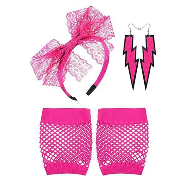  1980 Neon Ball Party Lace Headband Hair Hoops Neon Lightning Earrings Mesh Gloves Jewelry Set