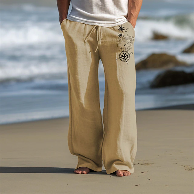 Men's Coconut Tree Compass Linen Pants Pants Trousers Baggy Pants Mid Waist Vintage Outdoor Daily Wear Streetwear Fall & Winter Black Blue Green 9