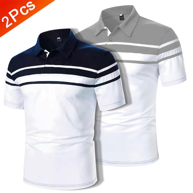 Multi Packs 2pcs Men's Polo Collar Short Sleeves 1 Polo Button Up Polos Golf Shirt Color Block Daily Wear Vacation Polyester Spring & Summer