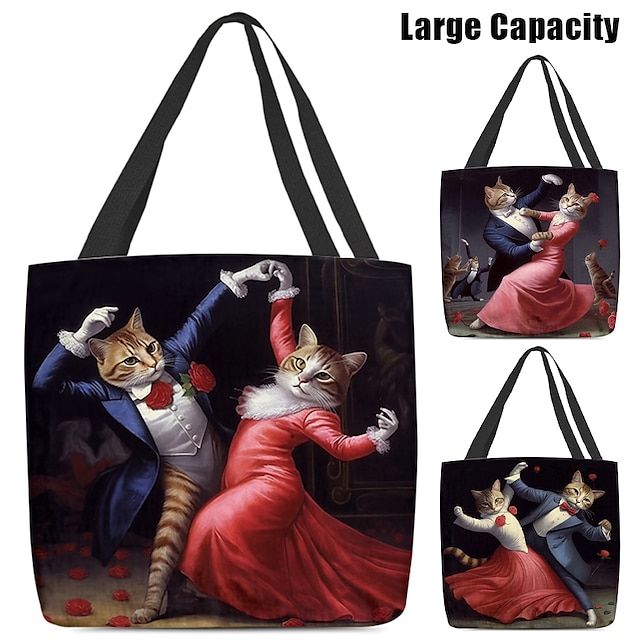  Women's Tote Shoulder Bag Canvas Tote Bag Polyester Valentine's Day Shopping Daily Print Large Capacity Foldable Lightweight Cat Wine Pink Light Red