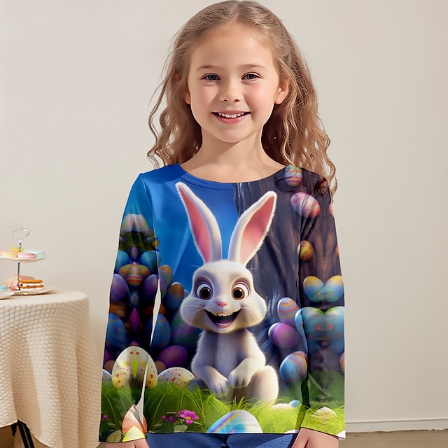  Ostern Mädchen 3D Karikatur Hase Kaninchen Eier T-Shirt Hemd Langarm 3D-Druck Frühling Herbst Aktiv Modisch Kuschelig Polyester kinderkleidung 3-12 Jahre Rundhalsausschnitt Outdoor Casual Täglich