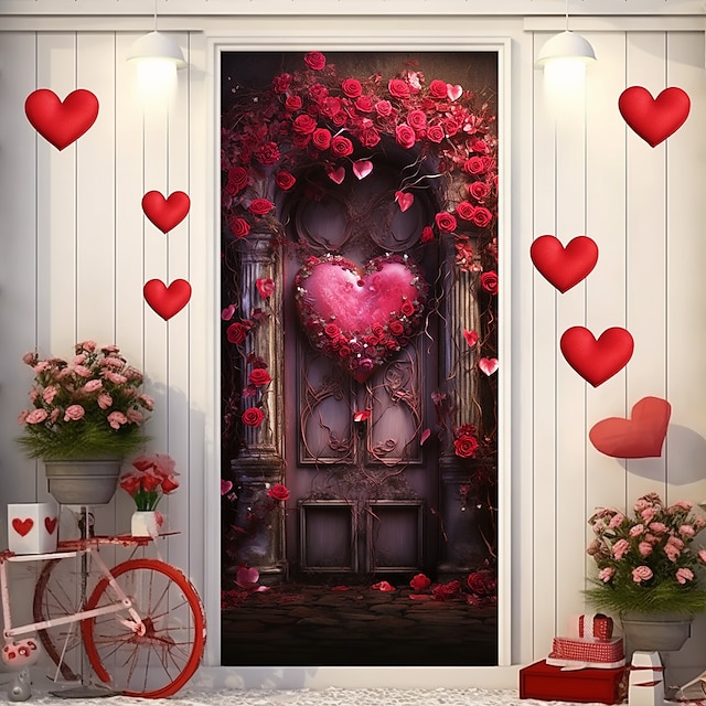  عيد الحب الورود القلب أغطية الأبواب جدارية ديكور الباب نسيج ستارة الباب الديكور خلفية الباب راية قابلة للإزالة للباب الأمامي داخلي في الهواء الطلق غرفة المنزل الديكور مزرعة ديكور لوازم