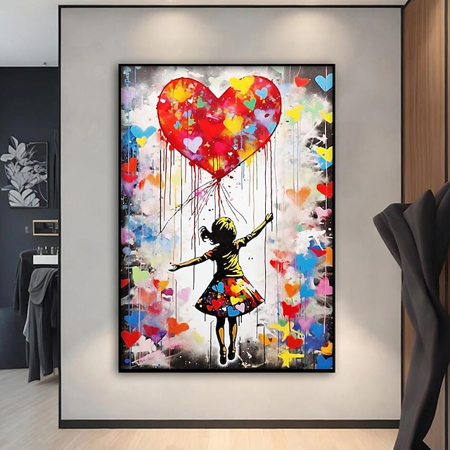  Girl with heart balloon Canvas Art Hand-painted Colorful Figures Painting Banksy Style Graffiti Canvas Wall Art Canvas for Home Wall Decor  No Frame