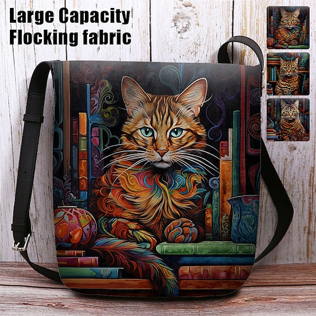  Women's Crossbody Bag Shoulder Bag Fluffy Bag Polyester Shopping Daily Holiday Print Large Capacity Lightweight Durable Cat Yellow Red Blue