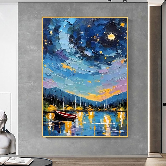  stjärnhimmel nattmålning handmålad blå texturerad väggkonst stor natthimmel målning båt abstrakt målning blå abstrakt målning för hem väggdekor ingen ram