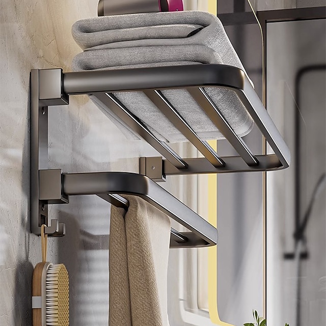  1pc Towel Rack For Bathroom, Folding Multi-layer Towel Bar, Wall Mounted Towel Holder, Bathroom Towel Hanger With Hook, Bathroom Storage And Organization, Bathroom Accessories